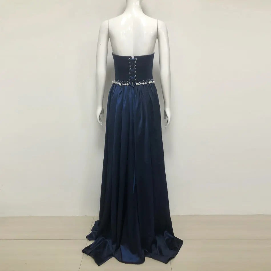 samantha Dark Blue Pearls Embroidered strapless maxi Dress Avalabel