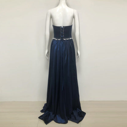 samantha Dark Blue Pearls Embroidered strapless maxi Dress