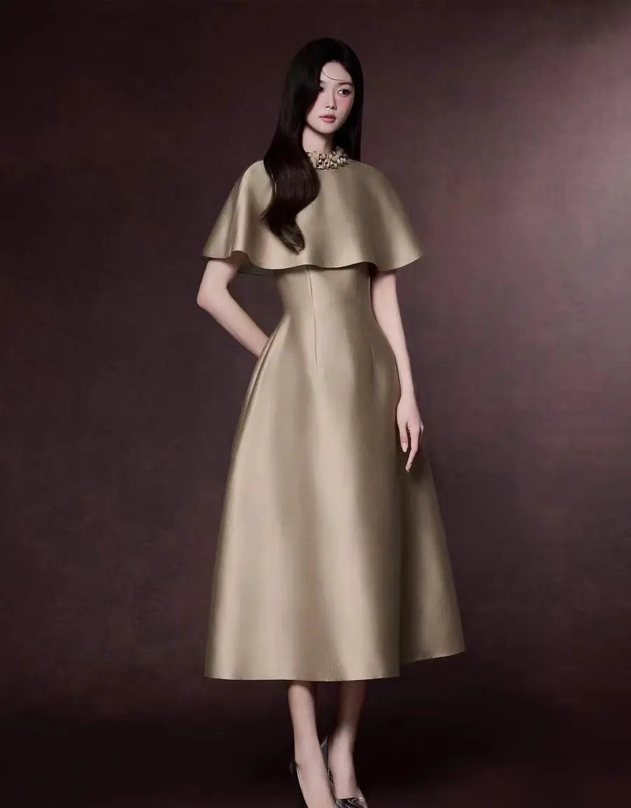 michelle Khaki Cape Satin Midi Dress Avalabel
