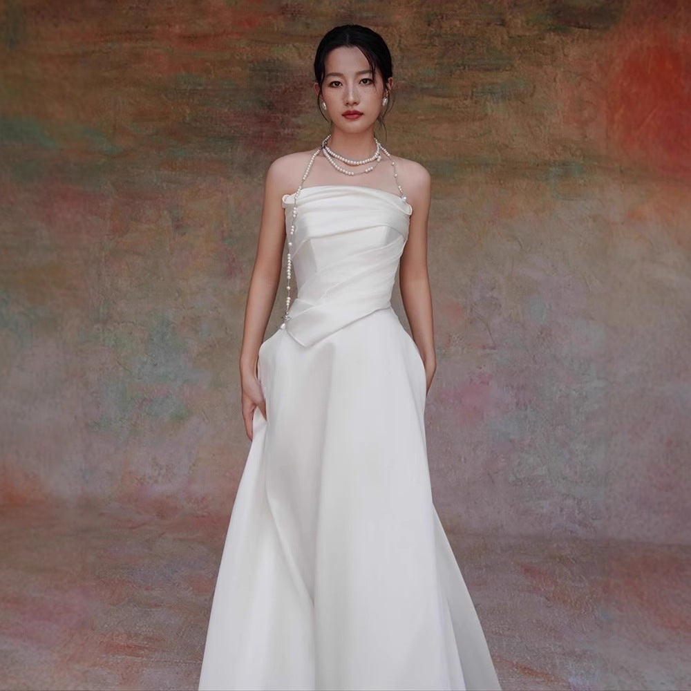 Lydia White French Satin Strapless Maxi Train Welcome Gown Avalabel