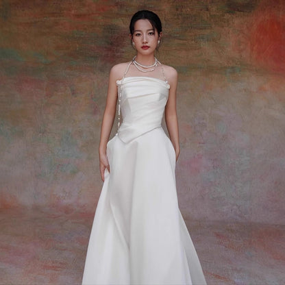 Lydia White French Satin Strapless Maxi Train Welcome Gown Avalabel