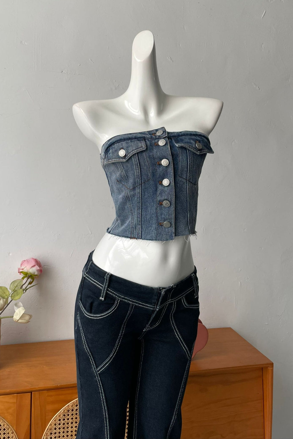 8-Button Denim Tube Top in Blue Avalabel