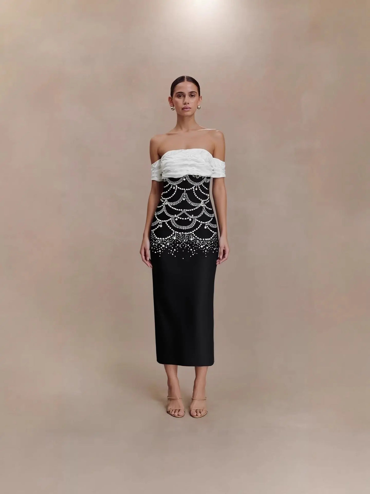 teresa beading rhinestone strapless midi dress in black Avalabel