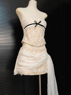 White Herringbone Tube Top Floral Ruffle Mini Dress Suit Avalabel