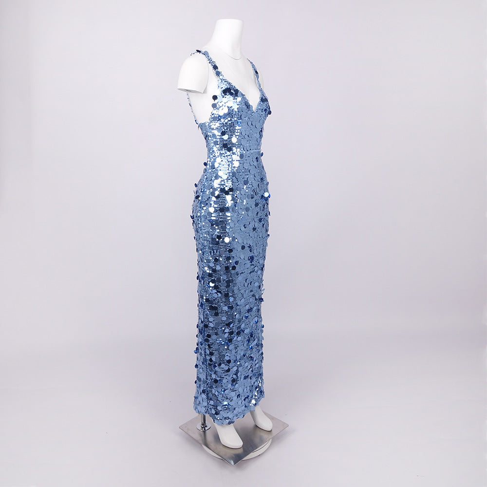 roberta Deep V-Neck Sequin Column Gown in blue Avalabel