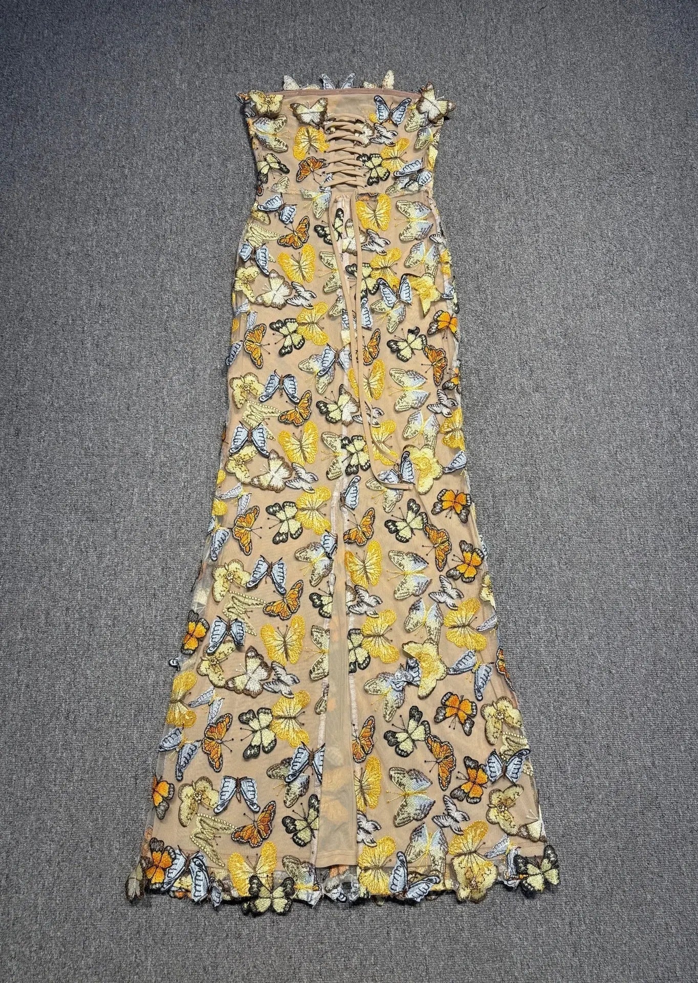 vivien multicolor 3D Butterfly Lace Strapless maxi Dress Avalabel