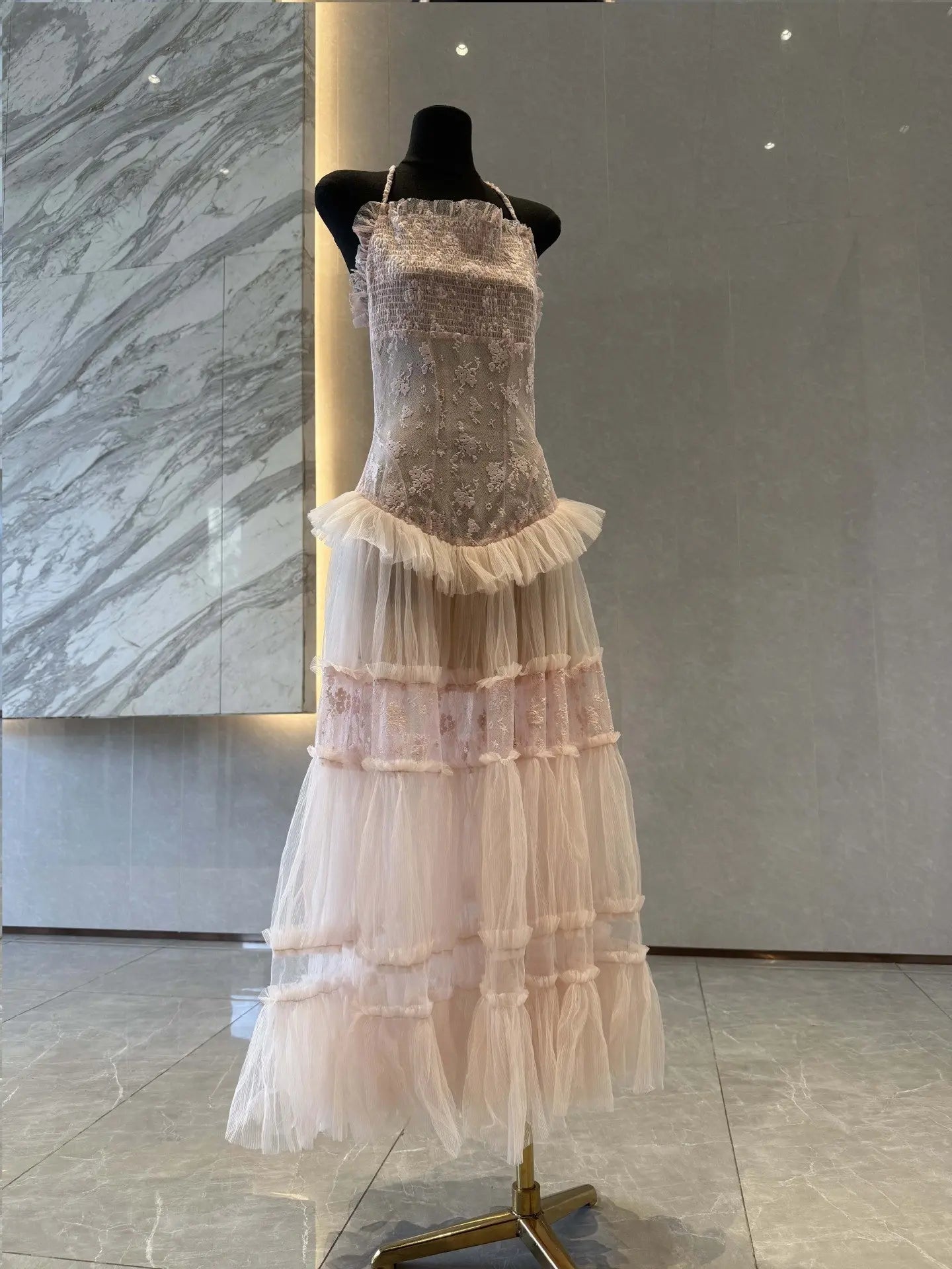 Hermosa Lace Splicing Layer Maxi Dress in Pink Avalabel