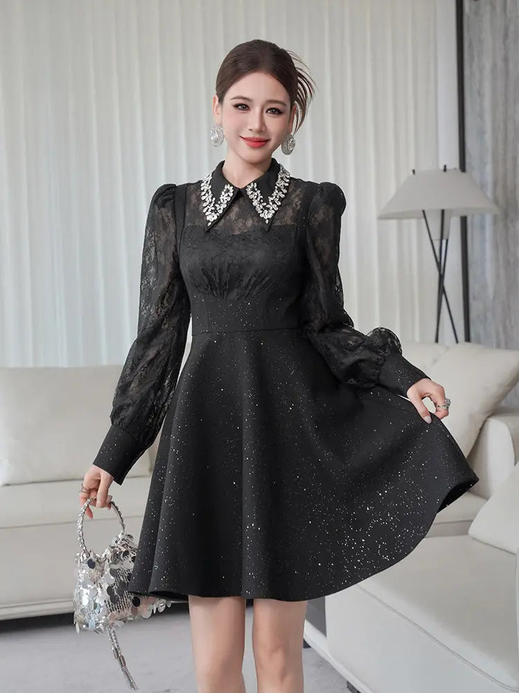 Lynn Black Rhinestone Collar Neck Lace Hollow Sleeve Mini Dress Avalabel