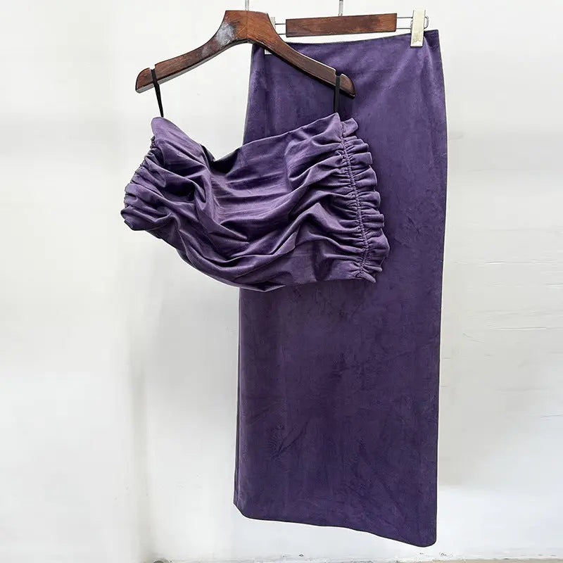 purple Asymmetrical cropped top velvet skirt two-piece set Avalabel