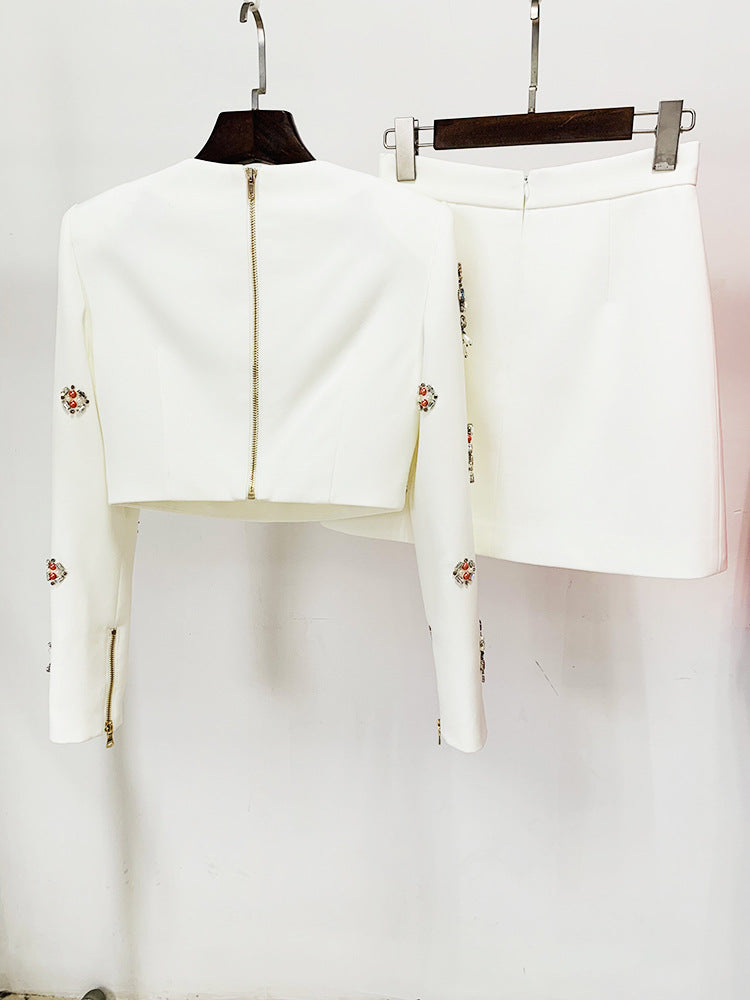 WHITE RHINESTONE EMBELLISHED SKIRT SET Avalabel