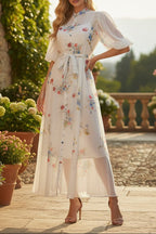 Pink Floral Print Mandarin Collar Chiffon Maxi Dress Avalabel