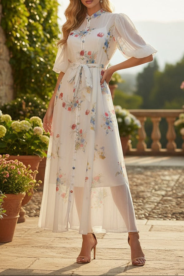 Pink Floral Print Mandarin Collar Chiffon Maxi Dress Avalabel