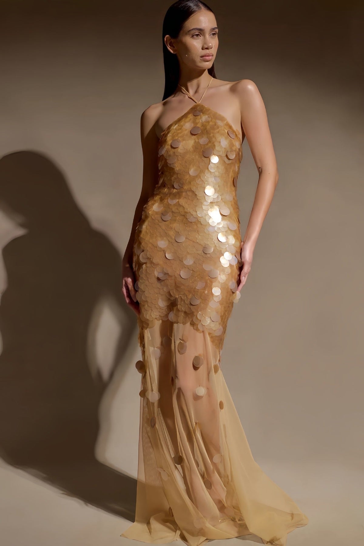 alva sequin Embellished backless Maxi Dress - Gold Avalabel