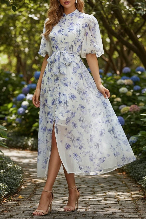 Pink Floral Print Mandarin Collar Chiffon Maxi Dress Avalabel