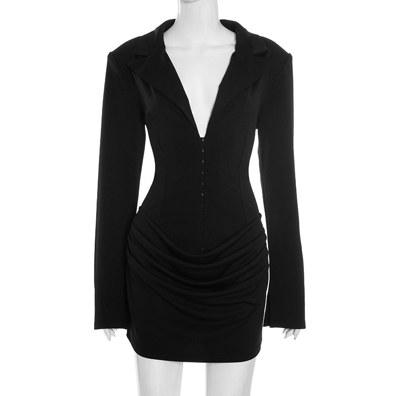 amelia v-neck ruched Blazer Mini Dress in black Avalabel