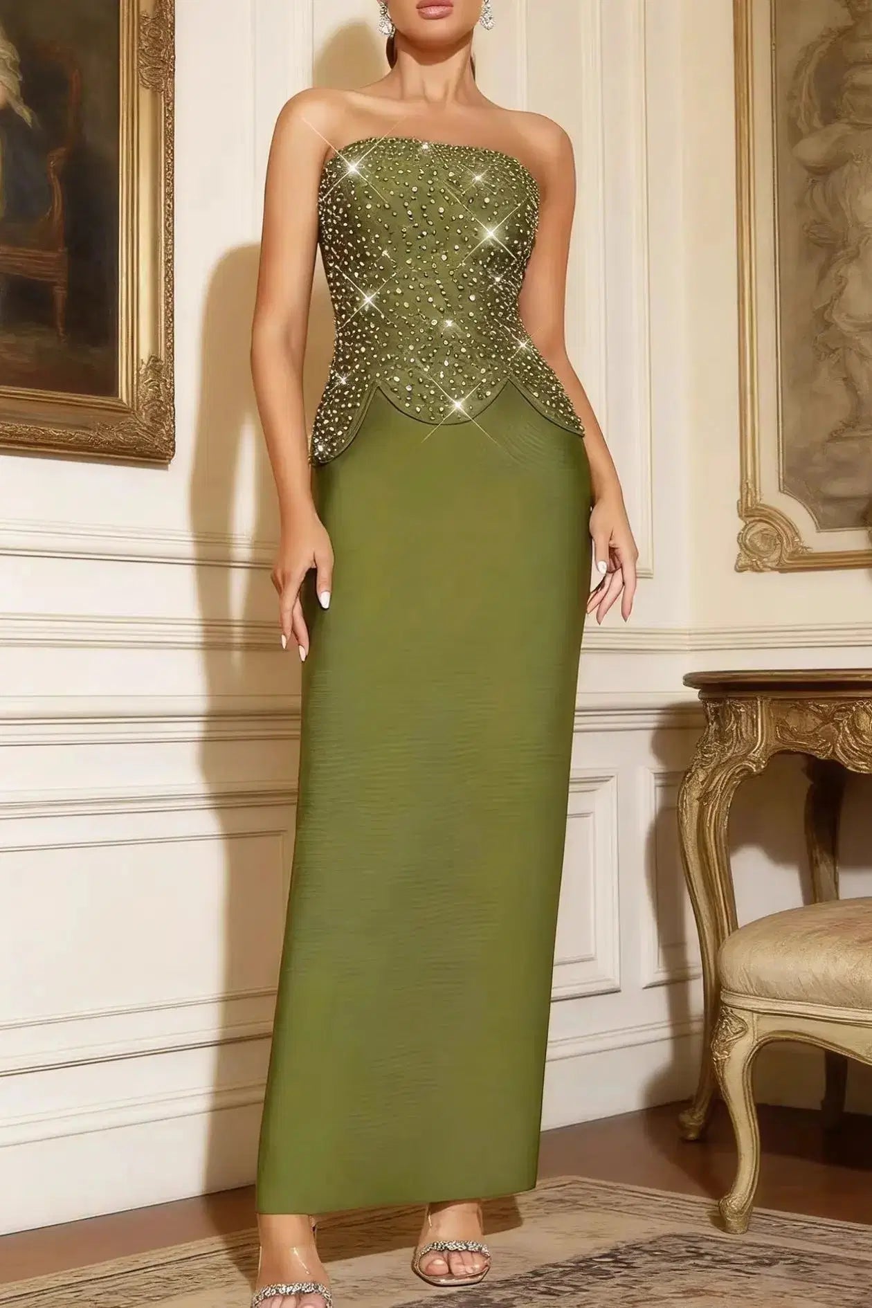Teresa Green Rhinestone Embellished Strapless Top Skirt Set Avalabel