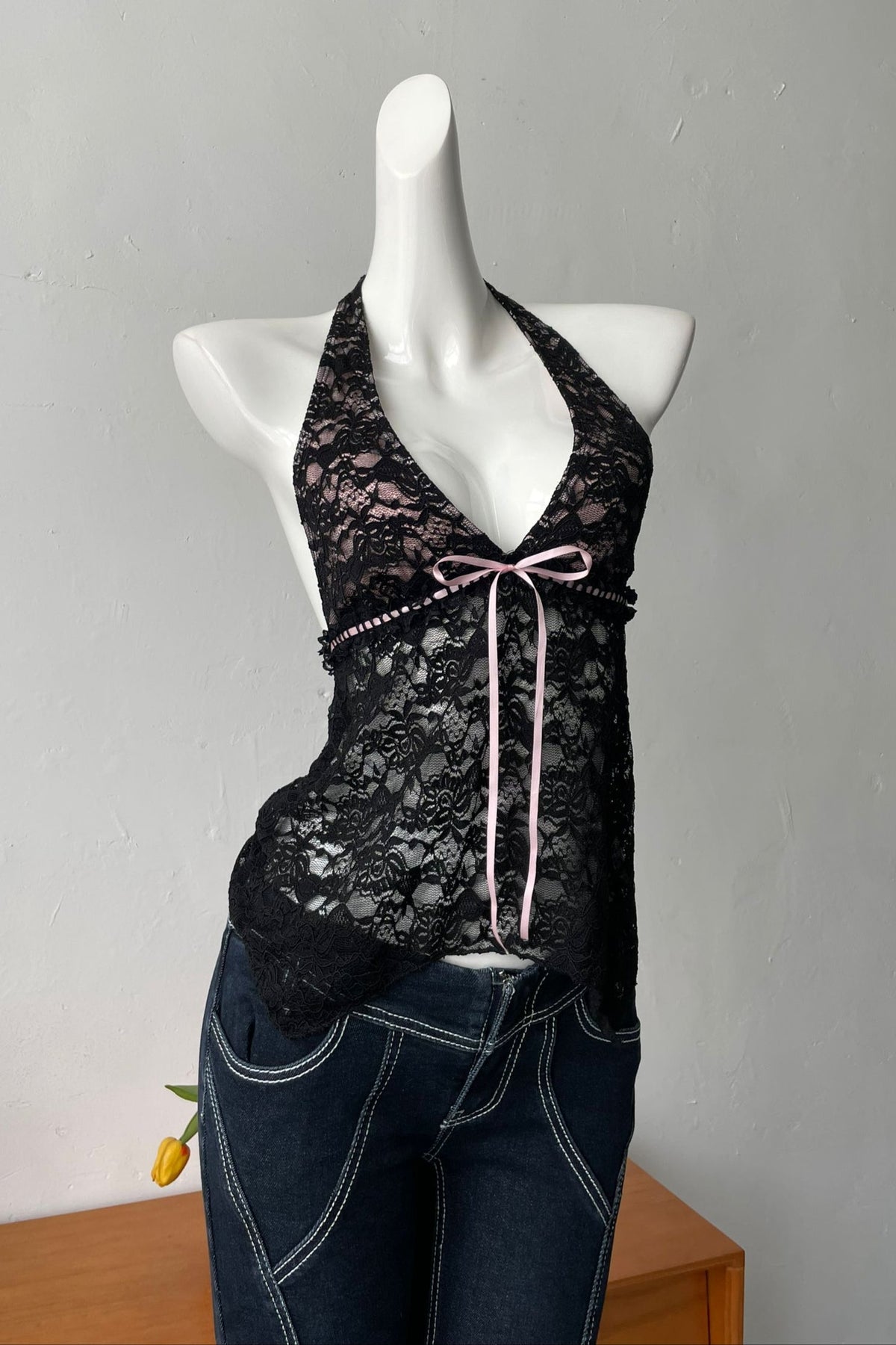 Backless Sheer Lace Halter Top in Black Avalabel