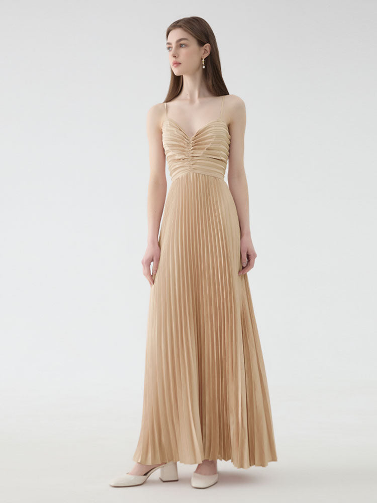 Deborah Pleated Slip Maxi Dress in Apricot Avalabel