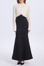 Carlin Balloon Sleeve Ruched Tie Up Midi Dress - White & Black Avalabel