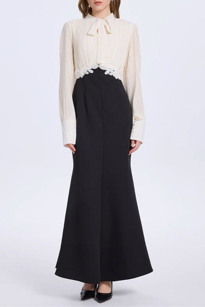 Carlin Balloon Sleeve Ruched Tie Up Midi Dress - White & Black