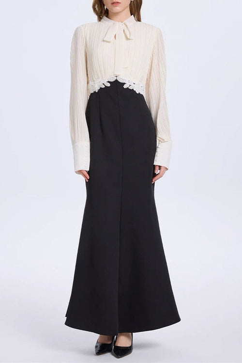 Carlin Balloon Sleeve Ruched Tie Up Midi Dress - White & Black Avalabel