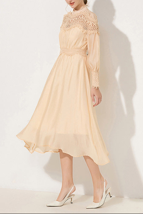 Cecilia Apricot Lantern Sleeves Openwork Wavy Trim Midi Dress Avalabel