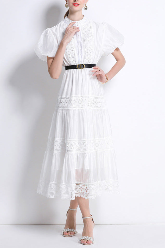 White Adelaide Lace Belted Trim Midi Dress Avalabel