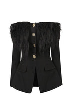 black Off-shoulder feather metal buckle decoration blazer mini dress Avalabel
