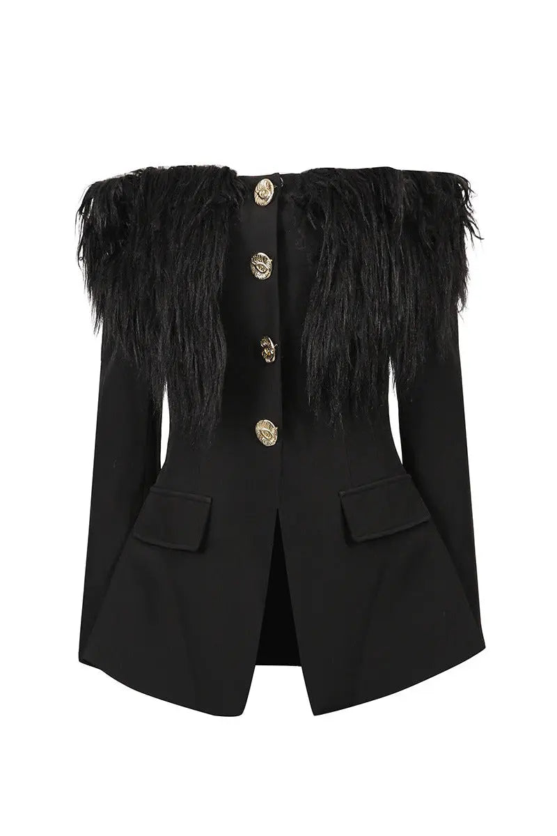 black Off-shoulder feather metal buckle decoration blazer mini dress Avalabel