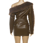 sibyl Leather fur collar asymmetrical mini dress in brown Avalabel