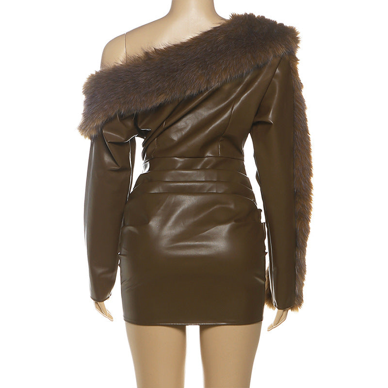sibyl Leather fur collar asymmetrical mini dress in brown Avalabel