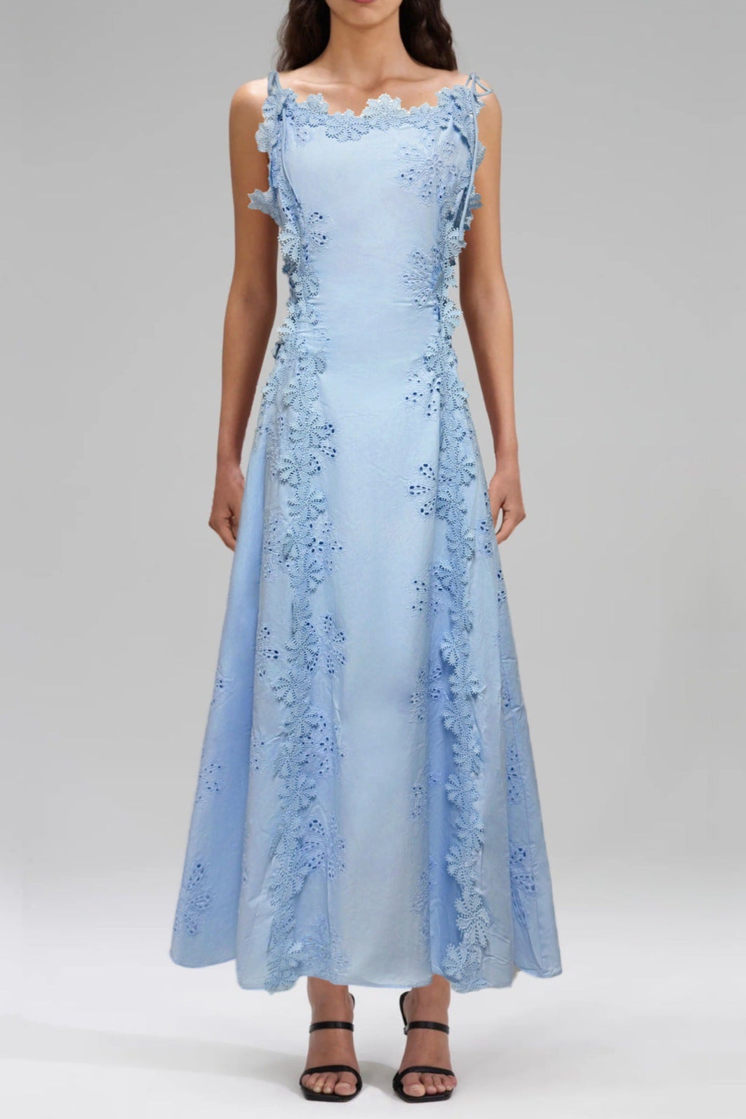 Lace Trim Embroidery Hollow Midi Dress in White Avalabel