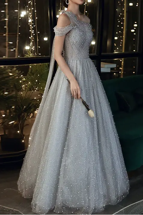 Dusty Blue one-shoulder pearl maxi evening dress Avalabel