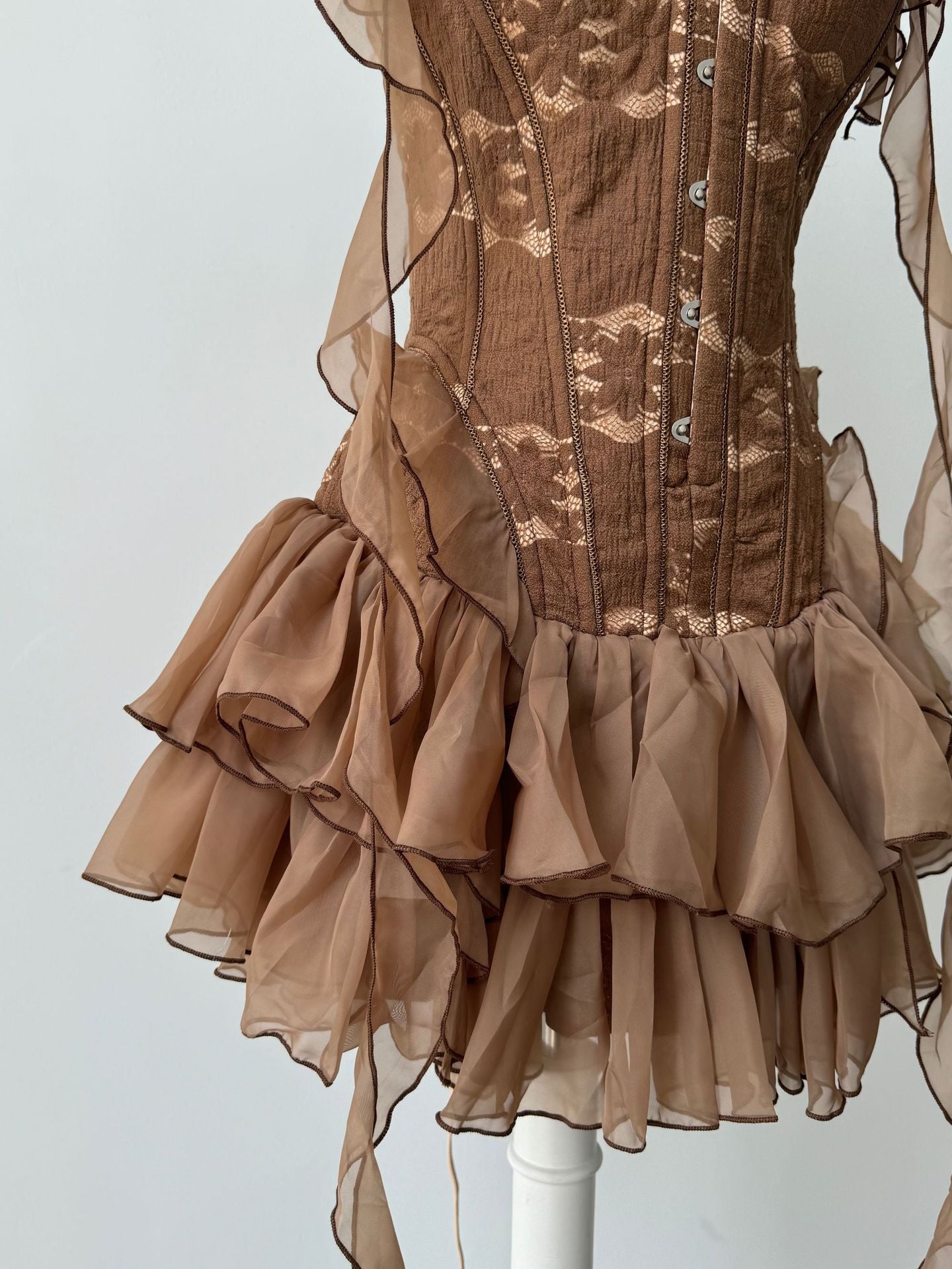 Althea Ruffle Trim Fish Bones Mini Dress in Brown
