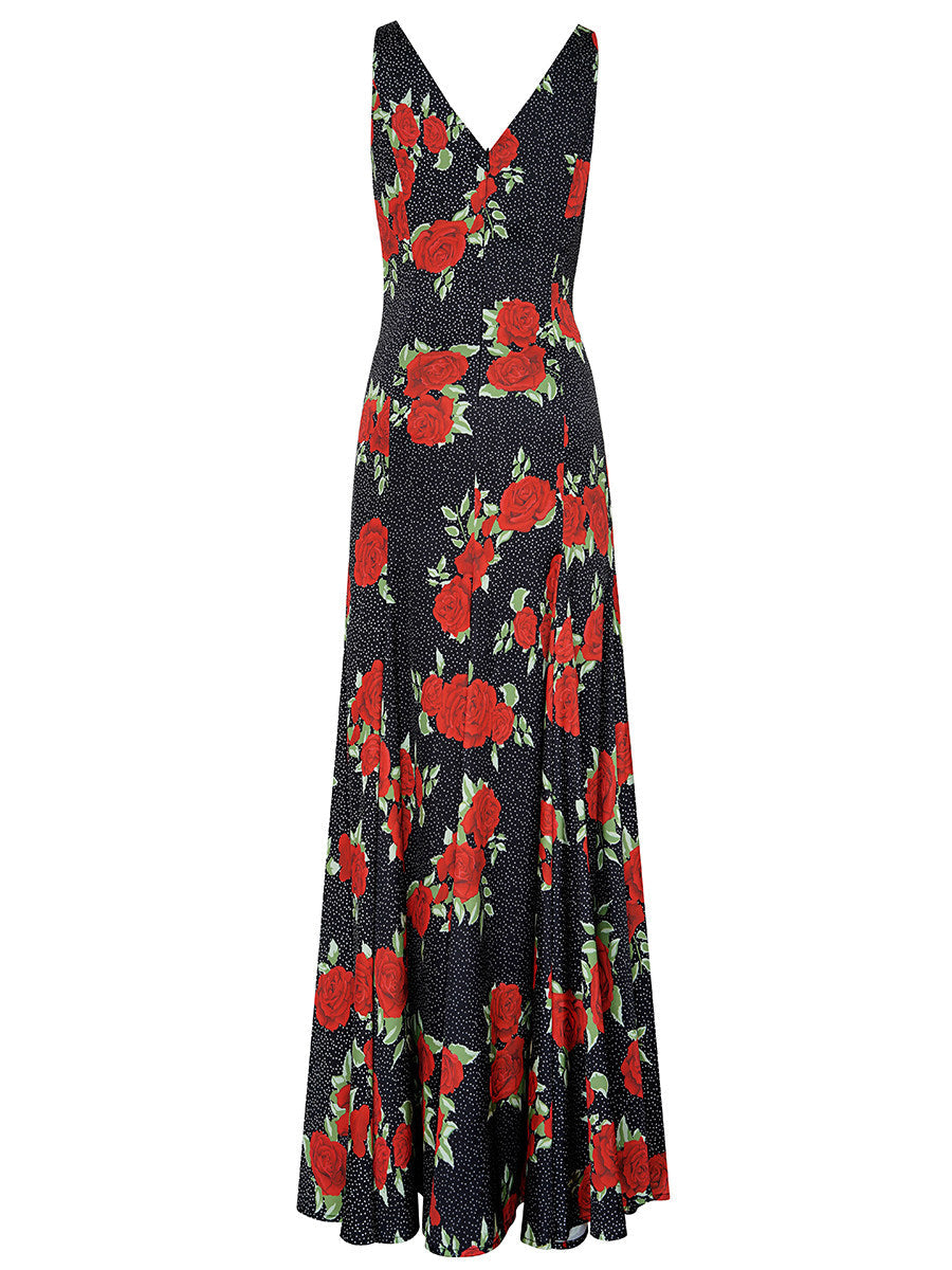 Black Red Rose Print Slip Mermaid Dress