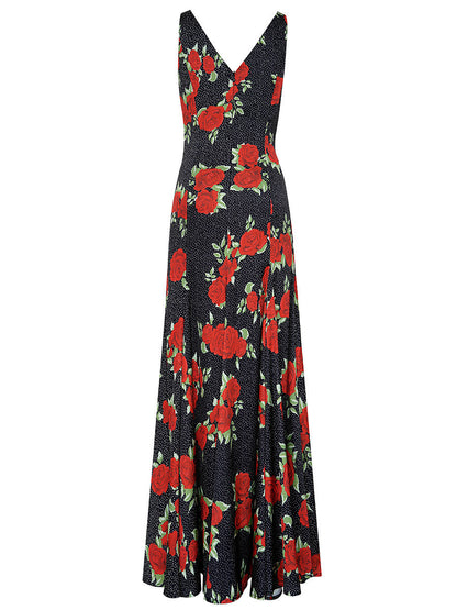 Black Red Rose Print Slip Mermaid Dress