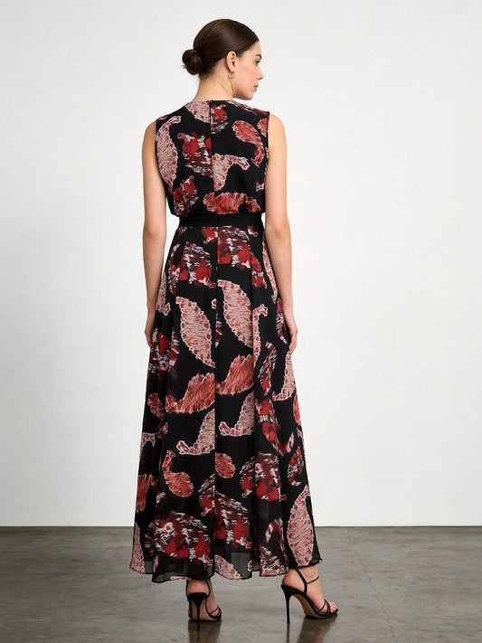Black Printed  V-neck Sleeveless Maxi Dress