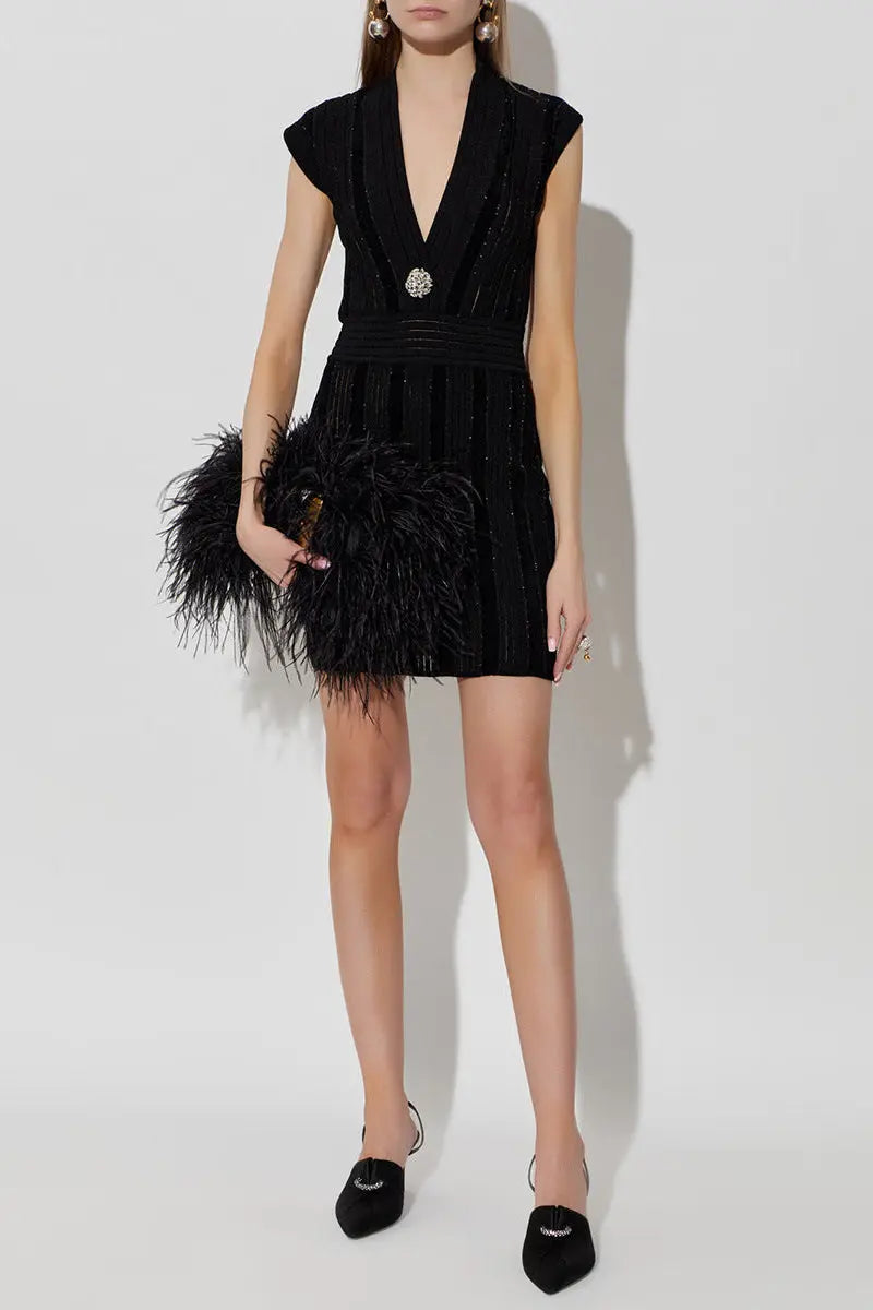 Sabrina Black V-Neck Mini Dress with Shimmering Sequins Avalabel