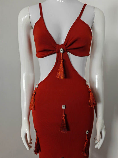 Deep-V Diamond Tassels Bandage Maxi Dress in red