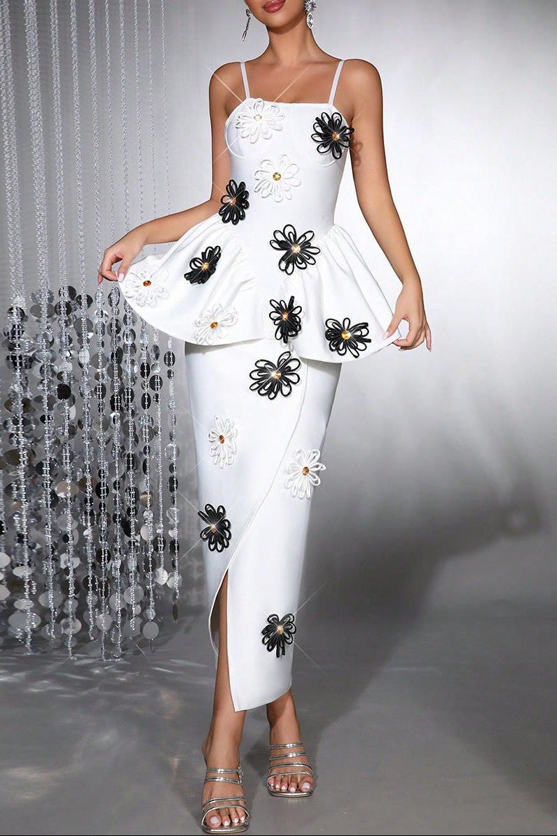 white bodycon midi dress Bandage elastic sling with handmade flower Avalabel