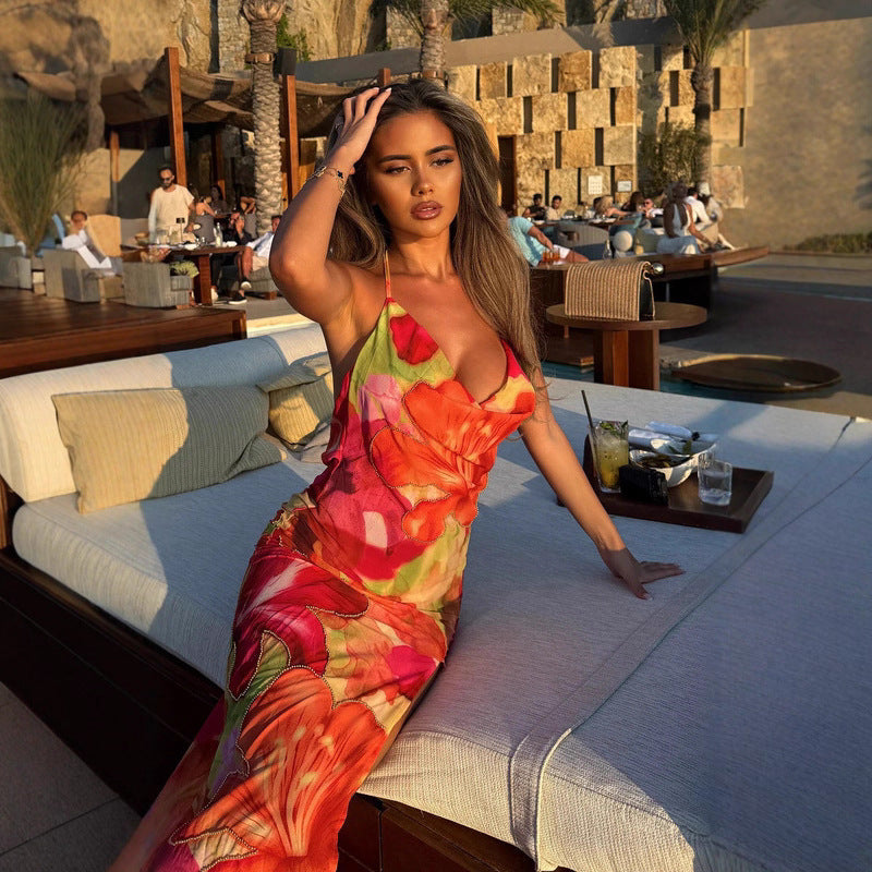 Falling Tropical Bloom High Slit Maxi Dress Avalabel