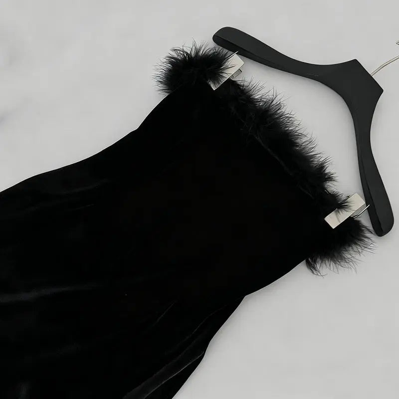 samantha feather velvet strapless mini dress in black Avalabel
