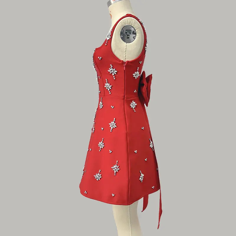 adora Sleeveless Diamond Bow Bandage Mini Dress in red Avalabel