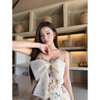 Bow Floral Print Ribbon Strapless Mini Dress - Beige Avalabel