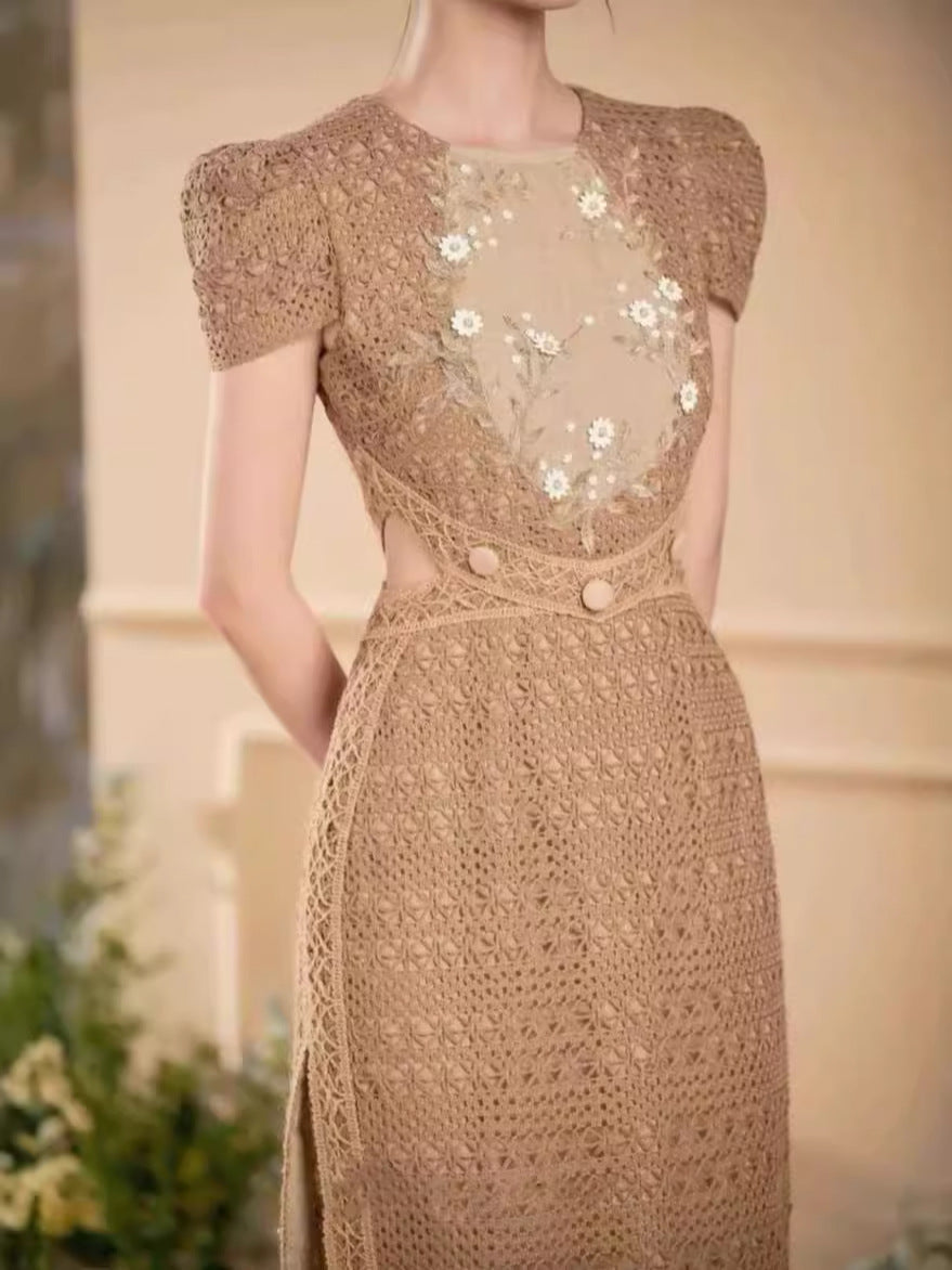 Sharon Appliqué Hollow Maxi Dress in Brown Avalabel