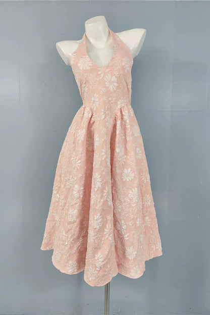 pink fairy jacquard halterneck open back big swing midi dress