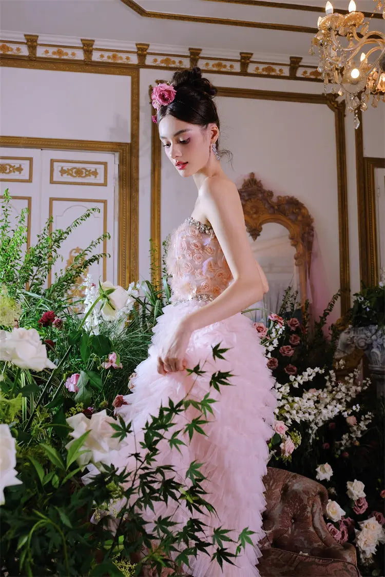 Pink Princess layer ruffle midi floral Embroidery strapless Dress Avalabel