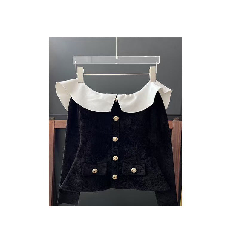 Chenille Knit Off-the-Shoulder Top in Black Avalabel