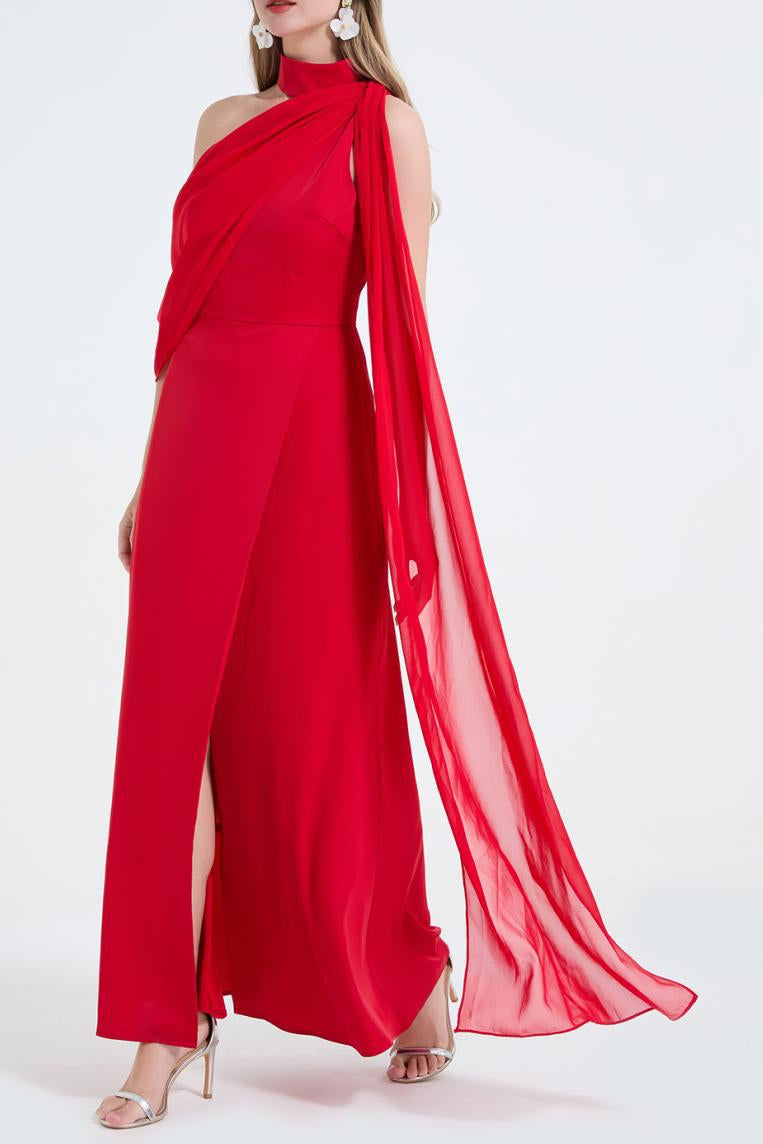 Tammy Tailored One-Shoulder Detachable Collar Maxi Dress in Red Avalabel