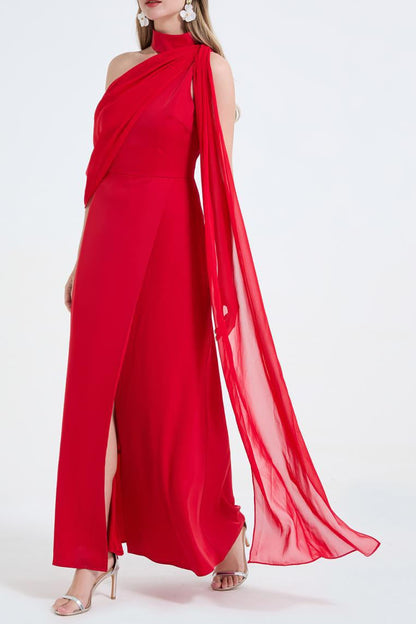 Tammy Tailored One-Shoulder Detachable Collar Maxi Dress in Red Avalabel